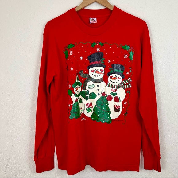 Vintage 1993 Snowman Graphic Single Stitch Long Sleeve Tee Unisex Medium - Picture 1 of 6